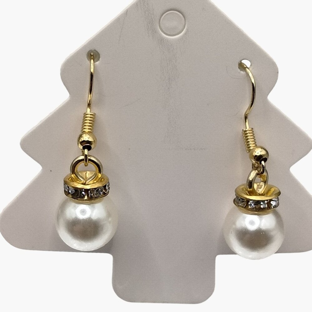 Gold Tone Dangle Earrings  Faux Pearl Rhinestone Accent Christmas Ornament
